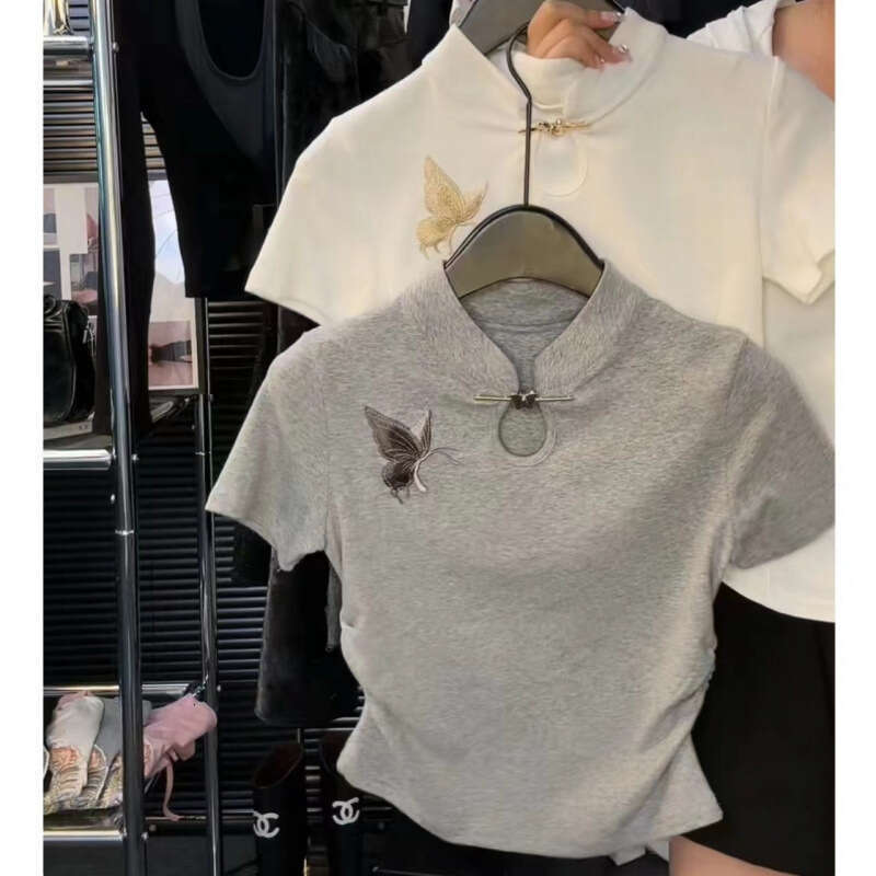 Chinese women's T-shirt new fashionable slim fit solid color butterfly embroidery top versatile Y2K style sexy fashion