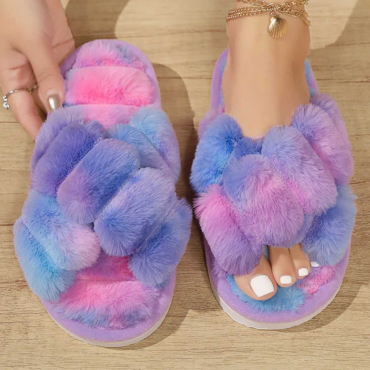 Womens Cross Band Slippers Cozy Furry Fuzzy House Slipper Indoor Non Slip Open Toe Slip On Warm Plush Shoes Soft Lightweight S260305