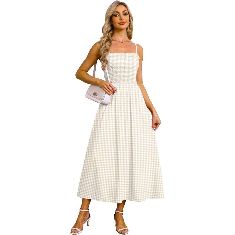 Womens Spaghetti Strap Maxi Dresses Smocked with Designer Pockets 2026 Summer Spring Casual Boho Beach Long Sundresses