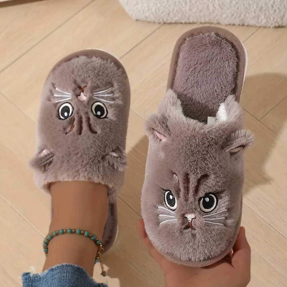 Womens Plush Cat Slippers Winter Warm Cozy Indoor House Shoes Soft EVA Sole Non-Slip Design S260305