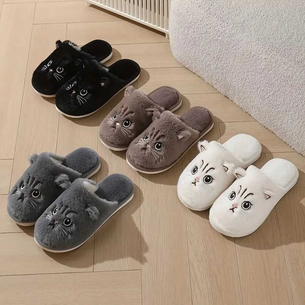 Womens Plush Cat Slippers Winter Warm Cozy Indoor House Shoes Soft EVA Sole Non-Slip Design S260305