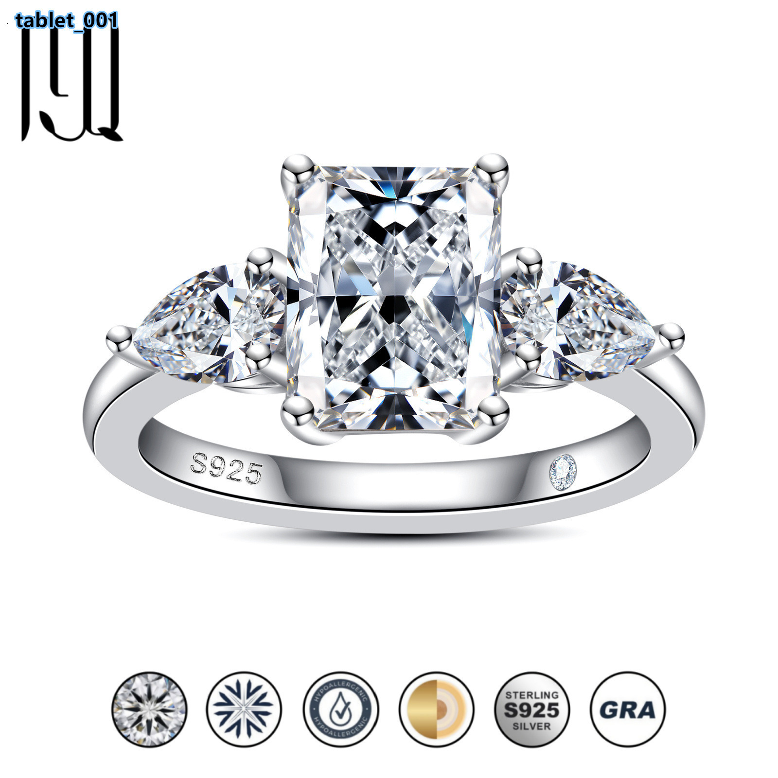 PYQ 3 Three-Stone Radiant Cut Moissanite Ring 925 Sterling Silver Luxury Jewelry Wholesale for Women