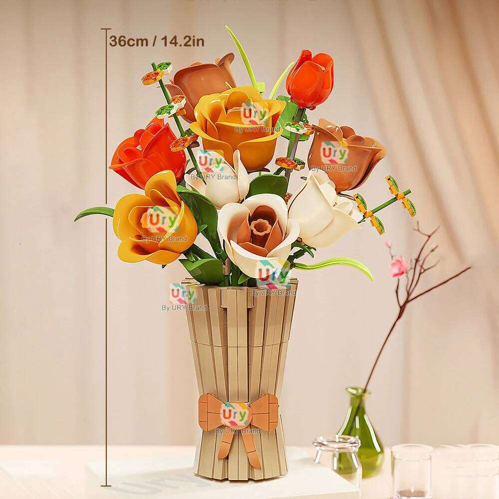 Flower Bouquet 3D Romantic Yellow Rose with Vase Set Assembly Building Block Model Home Decoration Valentine's Day Gift for Girl Z260305