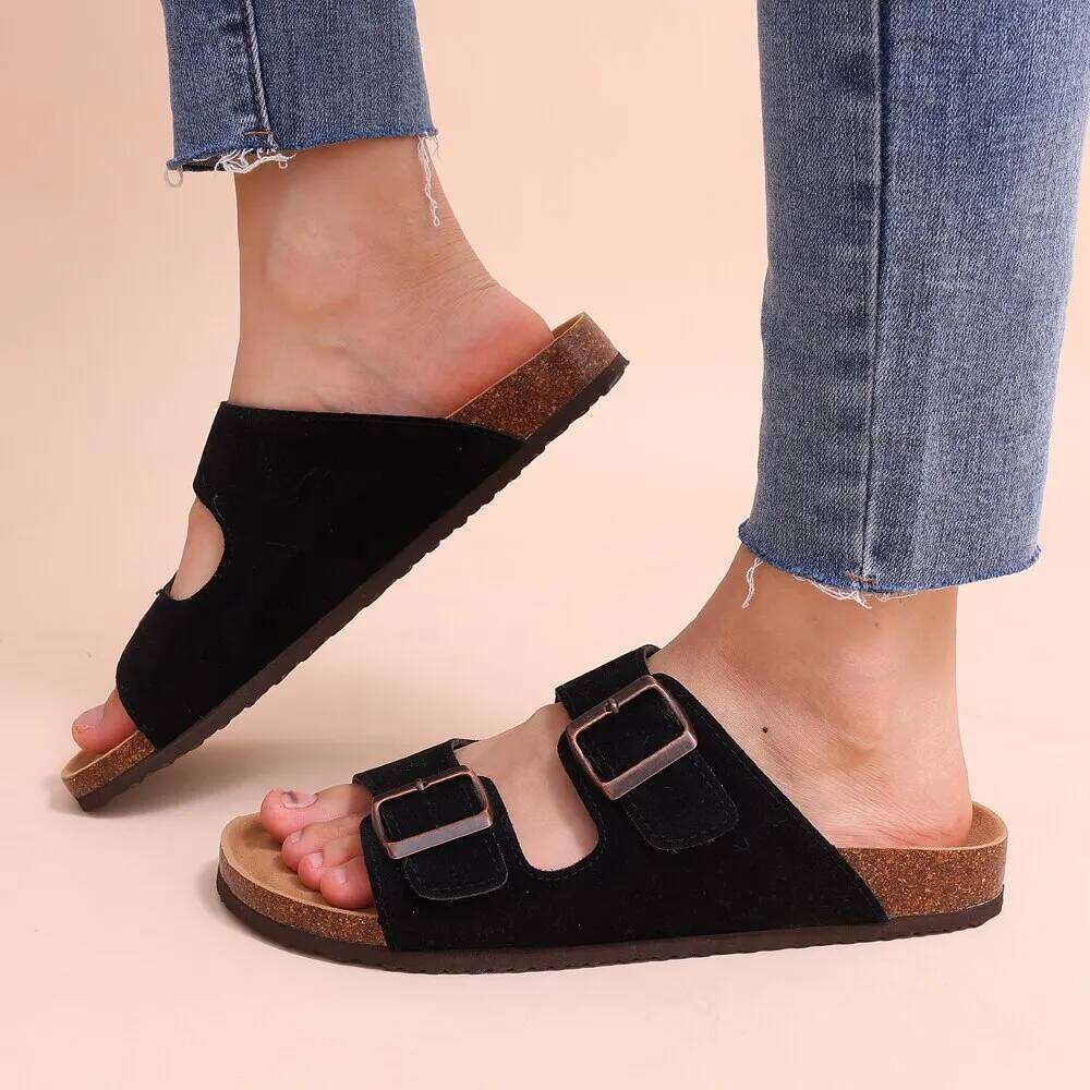 Litfun Women's Cork Footbed Fashion Ankle-Strap Suede Slippers Platform Outdoor Beach Sandals Home Comfort Flats Slides