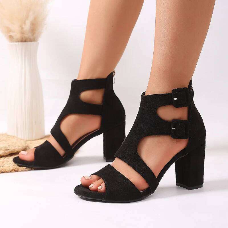 2025 New Fashionable Hollow Design High Heel Outdoor Black Simple Style Women's Sandals