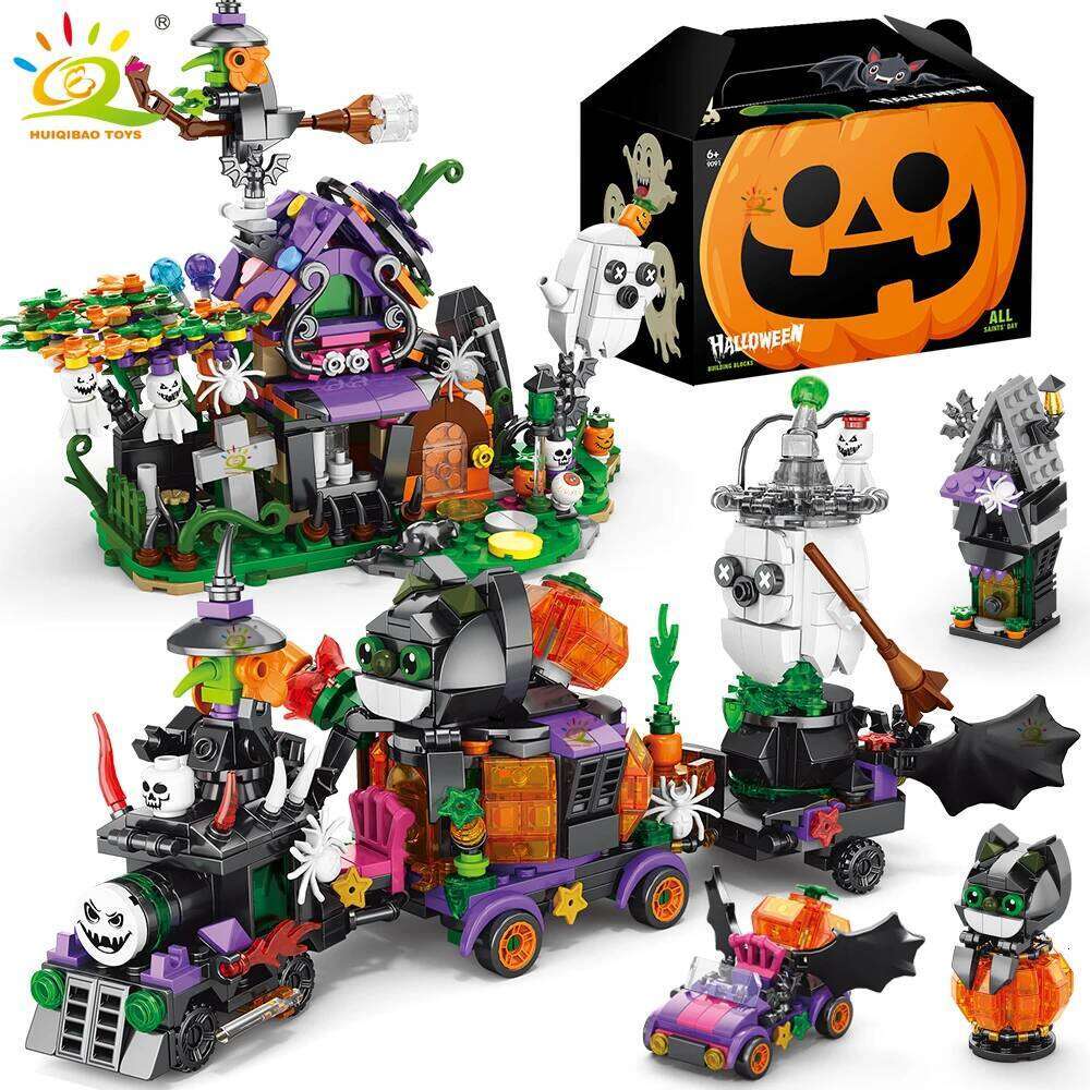 HUIQIBAO 6IN1 Halloween House Train Model Building Blocks City Pumpkin Ghost Car MOC Bricks Set Toys for Children Kids Gift Z260305