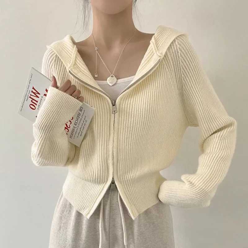 Hooded Knit Cardigan for Women Long Sleeve Fuzzy Zip Up Knit Crop Sweater Jacket Fall Winter Teen-girl Y2K Acubi Outfit M260306