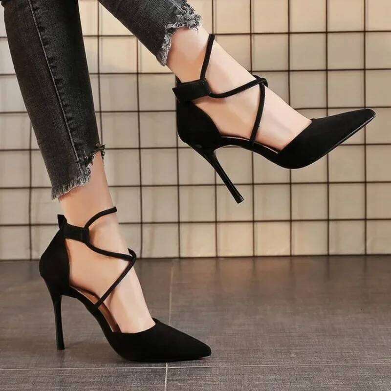 2024 New Cross-strap Roman Suede High Heels Women's Shoes One-line Buckle Fine Heel Pointed Sandals Zapatos De Mujer