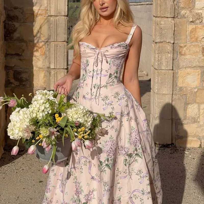 YENKYE 2025 Women Floral Print Fishbone Waist Spaghetti Straps Dress Summer Female Elegant Midi Long Party Dresses Holiday Robe X260306