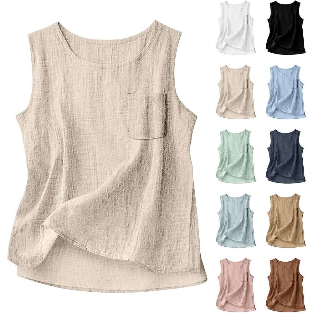 Designer Womens Cotton Linen Tank Tops 2026 Loose Causal Sleeveless Summer Shirts Crew Neck Gauze Camisole with Front Pocket
