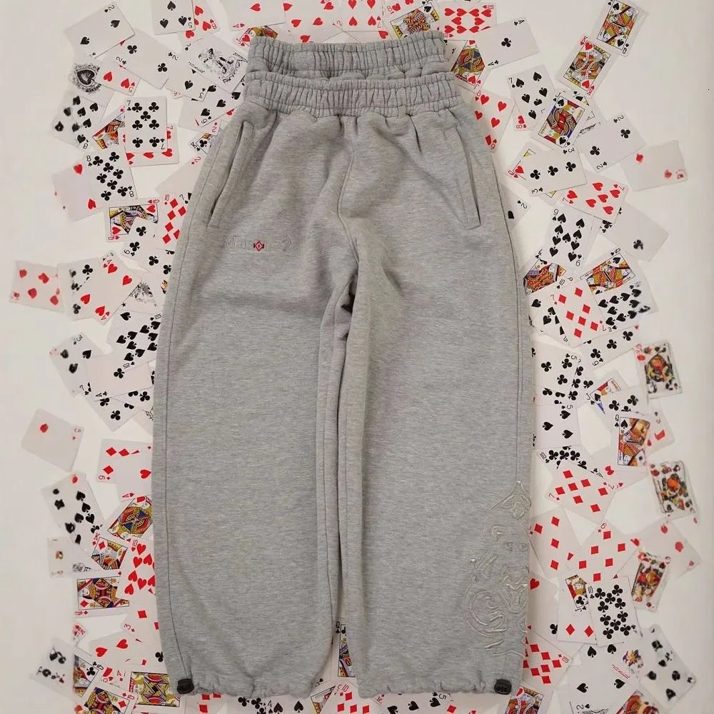 Men Heart-shaped Embroidery Print Europe America Two Piece Wide Leg Pants Casual Grey Loose Sports 260303