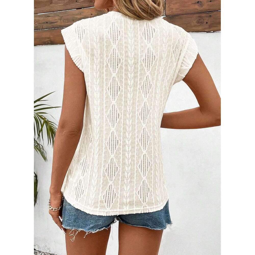 Designer Women's Summer Tops Casual Crewneck Cap Sleeve Shirts Lightweight Crochet Knit Texture Tank Top Blouses