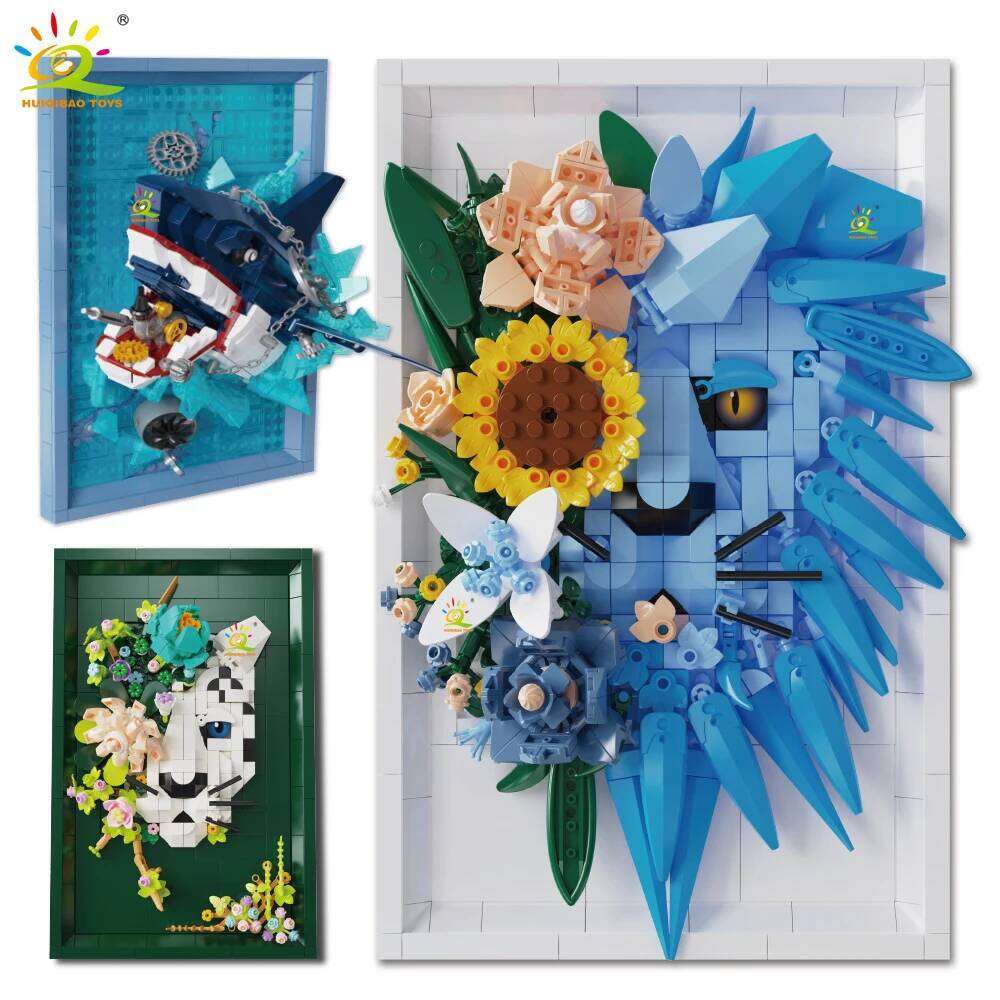 HUIQIBAO MOC Lion Leopard Shark with flower Building Blocks Animal model Hanging wall Brick Toy set display stand Home Decor. Z260306