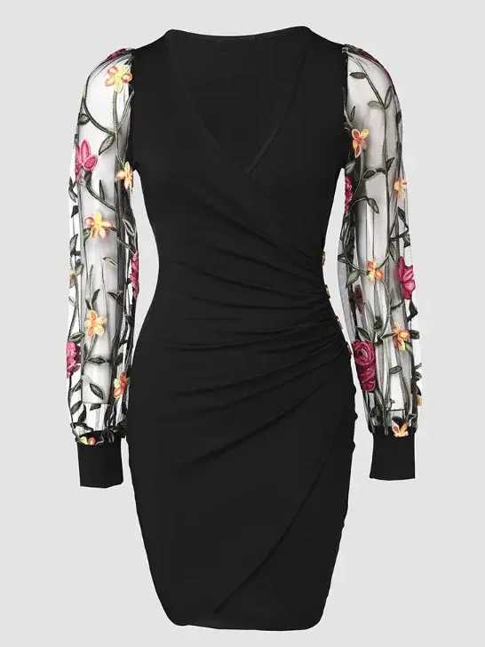 Elegant Floral Embroidered Bodycon Midi Dress with Sheer Mesh Sleeves and V-Neckline - Stylish Button Detail Knee-Length for Wo X260306