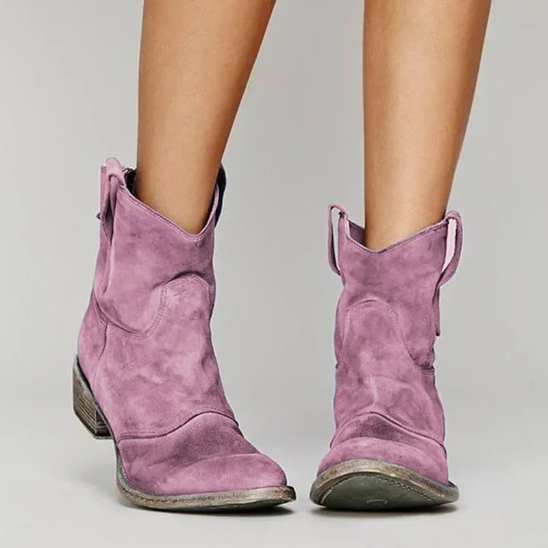 Vintage Cowboy Ankle Boots for Women Pointed Toe Low Heels Western Botas Female Autumn Winter Slip on PU Leather Booties 260303