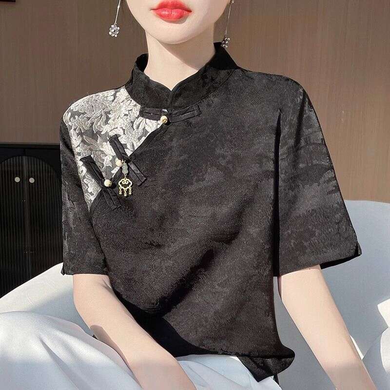 Spring Women Fashion Short Sleeve Shirt Retro Lady Leisure Cardigan Satin Outwear 2025 Femme Stand-up Collar Jacquard T-shirt Embroidery Jacquard Qipa