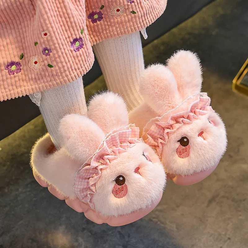 Kids Plush Rabbit Slippers - Winter Closed-Back House Shoes Warm Fleece-Lined Booties for Girls Matching Family Pairs S260305