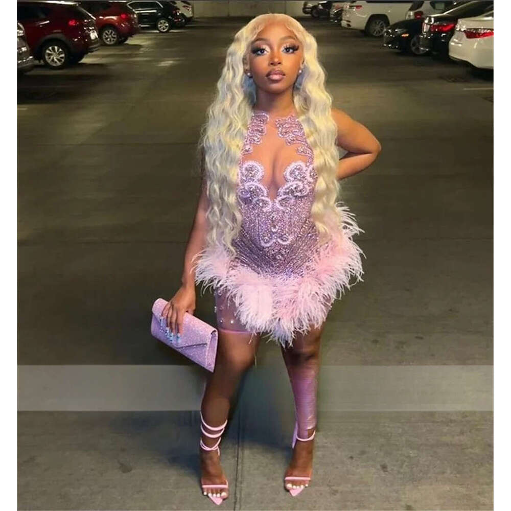 Sexy Sparkly Pink Diamonds Short Prom Dress Glitter Crystals Rhinestone Bead Feather Birthday Party Senior Homecoming Customized