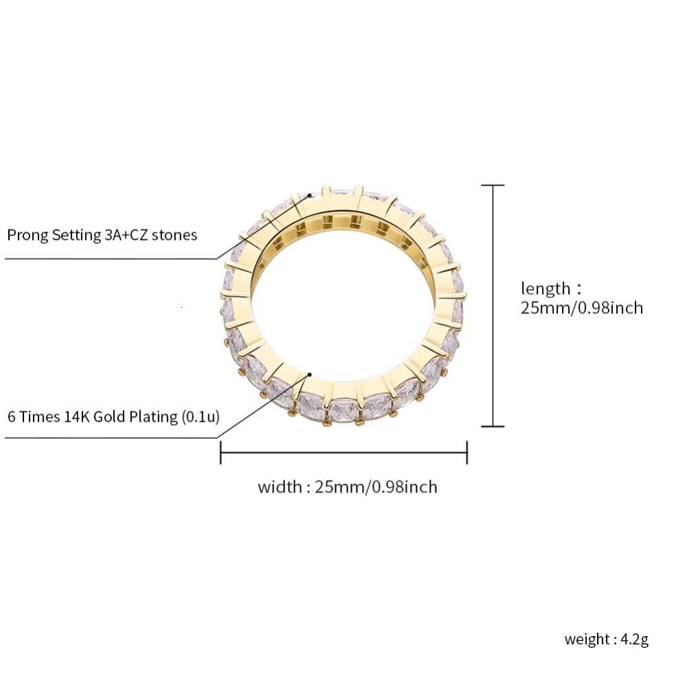 Fashion Trendy Iced Lab Created Zircon Geometric Hip Hop Eternity Engagement Wedding Band Ring Brass Platinum/Gold Plated Men