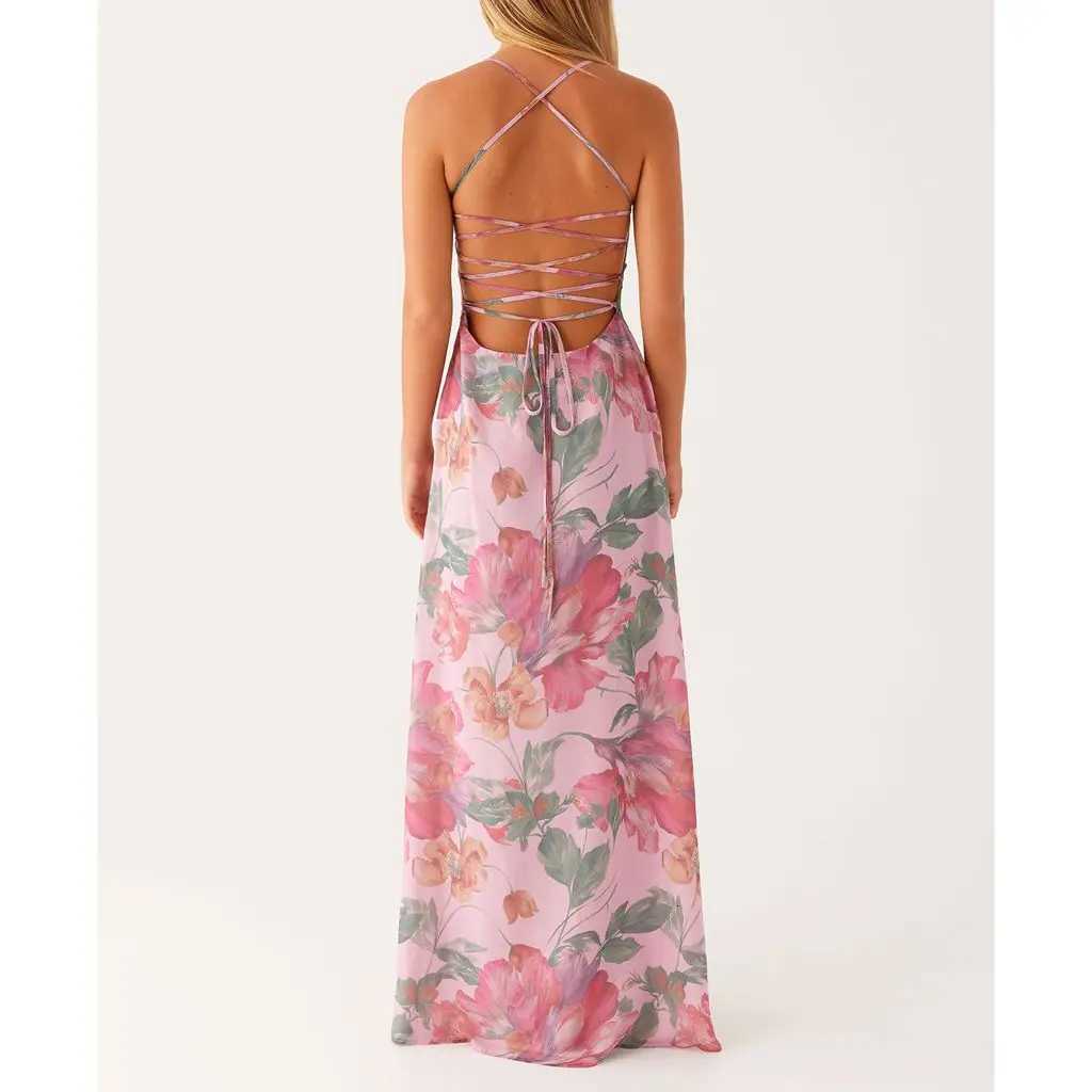 Womens Elegant Y2K Floral Print Sleeveless Summer Cross Tie-Up Backless Fashion Spaghetti Strap Cami Slip Long Dress X260306