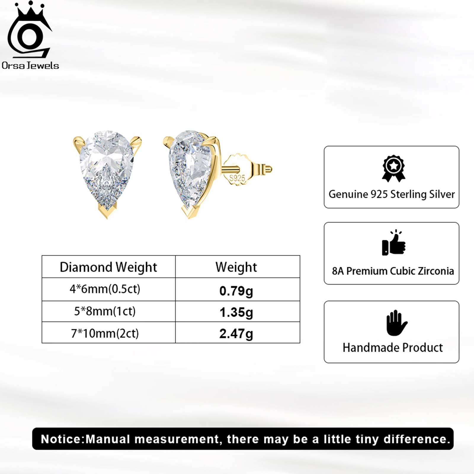 ORSA JEWELS 925 Sterling Silver Stud Earrings with Water Drop Cut Zirconia Stone Elegant and Timeless Jewelry for Women LZE02 260303