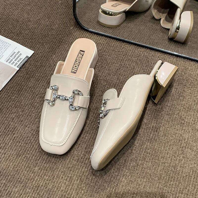 Women Pumps Shallow 2025 Footwear Fashion Metal Buckle Strap Ladies Thick Heels Shoes Leather casual sandals