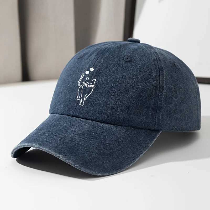 Cute Walking Cat Graphic Denim Cap Vintage Washed Polyester Casual Outdoor Adjustable Hat S260306