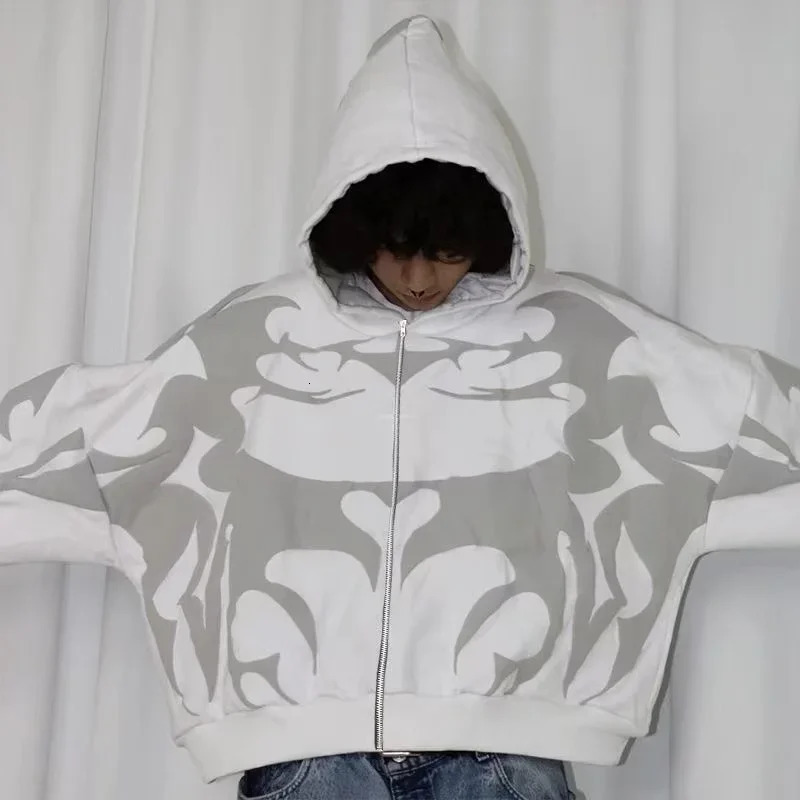 Tiger Gray Sweater Men High Street American Retro Hip Hop Y2K Zipper Hooded Sweater Couple Casual Sweatshirt Unisex Tops Coat 260227