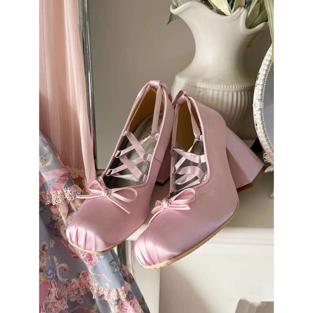 Pink Cross Strap High Heels Chunky Heel Girl Ballet Style Outdoor Elegant Satin Lolita Shoes Women