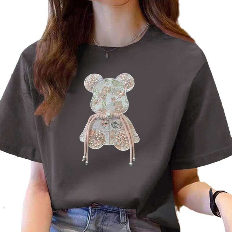 Frog button Buckle Pink Bear Beading T-shirt Heavy Handmade Diomand Shiny Bowknot Embroidery T Shirt Summer Tees Top Accessories Clothes