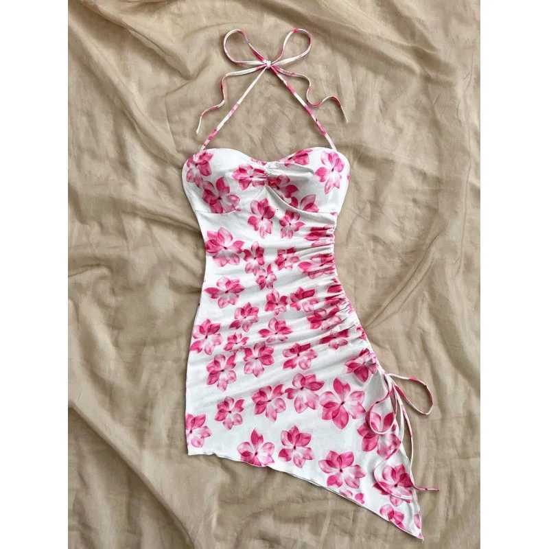 New Sexy Vacation Printed Mini Dress Women 2026 Summer Fashion Elegant Party Halter Neck Drawstring Sleeveless Irregular Dresses X260306