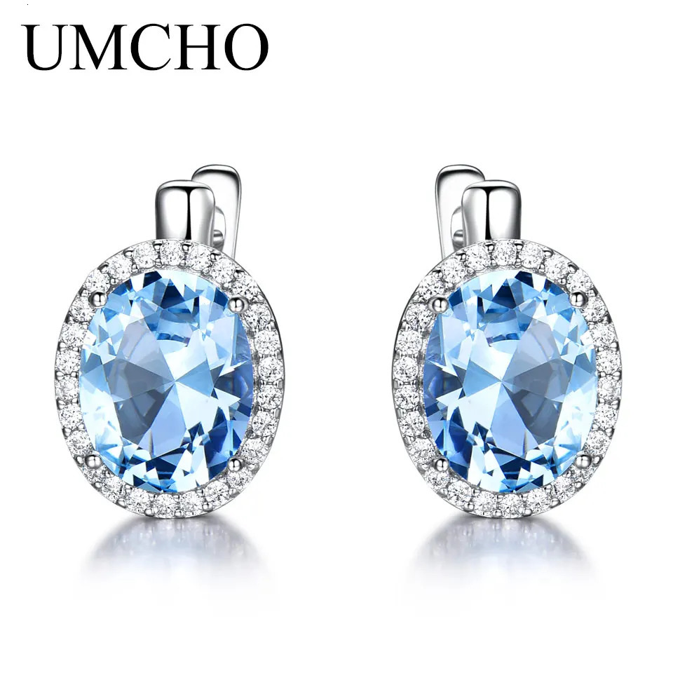 UMCHO Classic Oval Created Sky Blue Topaz Clip Earrings Solid 925 Sterling Silver Earrings For Women Wedding Gift Fine Jewelry 260303