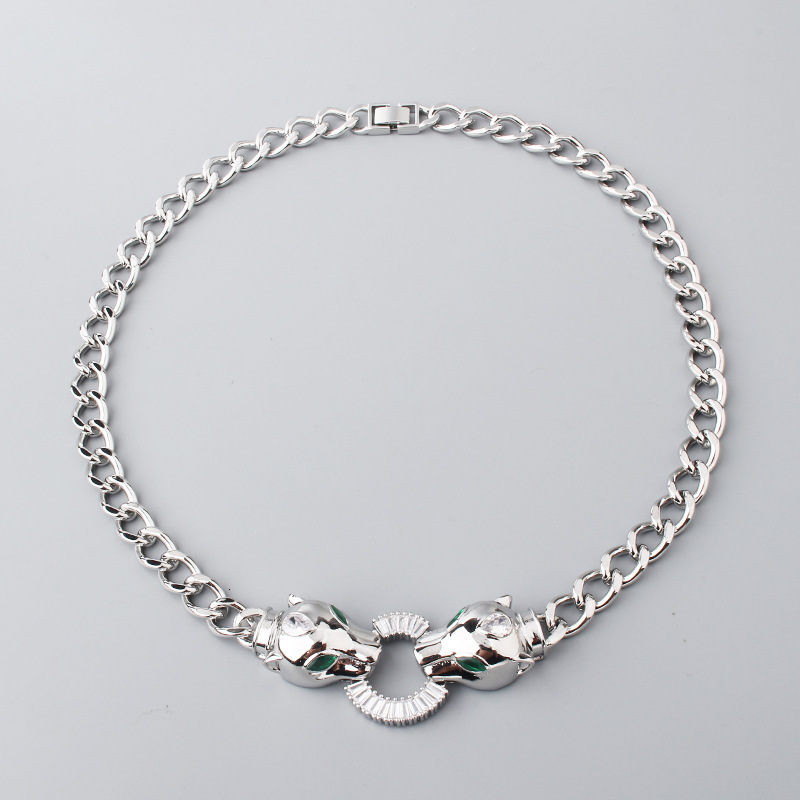 Bracelet Minimalist Hip-Hop Copper Micro-Inlaid Zircon And Bracelet, Electroplated Exaggerated Punk Style Double Leopard Head Pendant Necklace