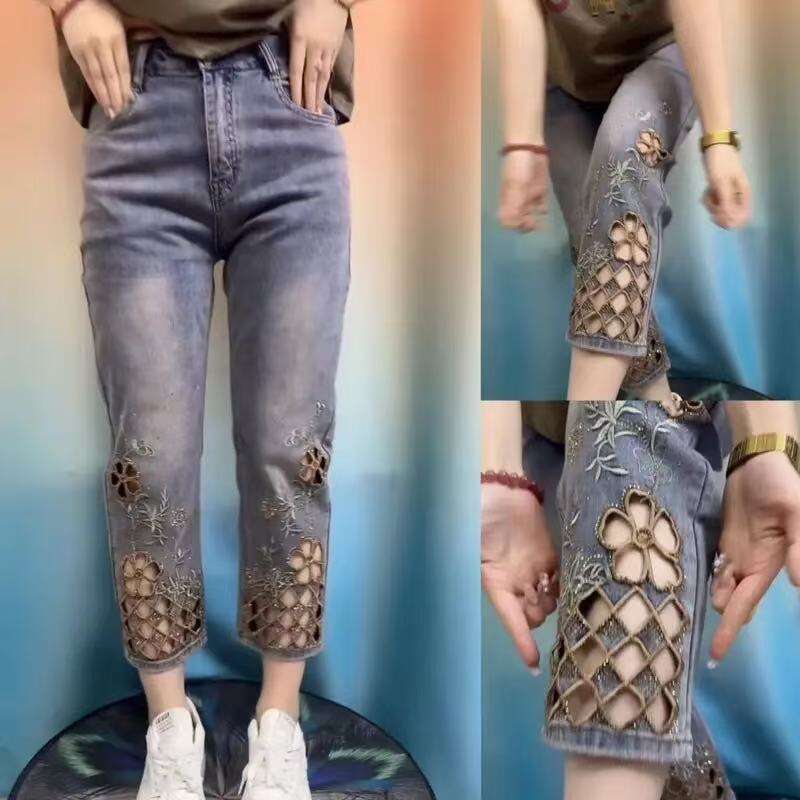 Mardi Hefxessdr women High end hollowed out embroidered denim new summer thin high waist stylish denim jeans women's clothing