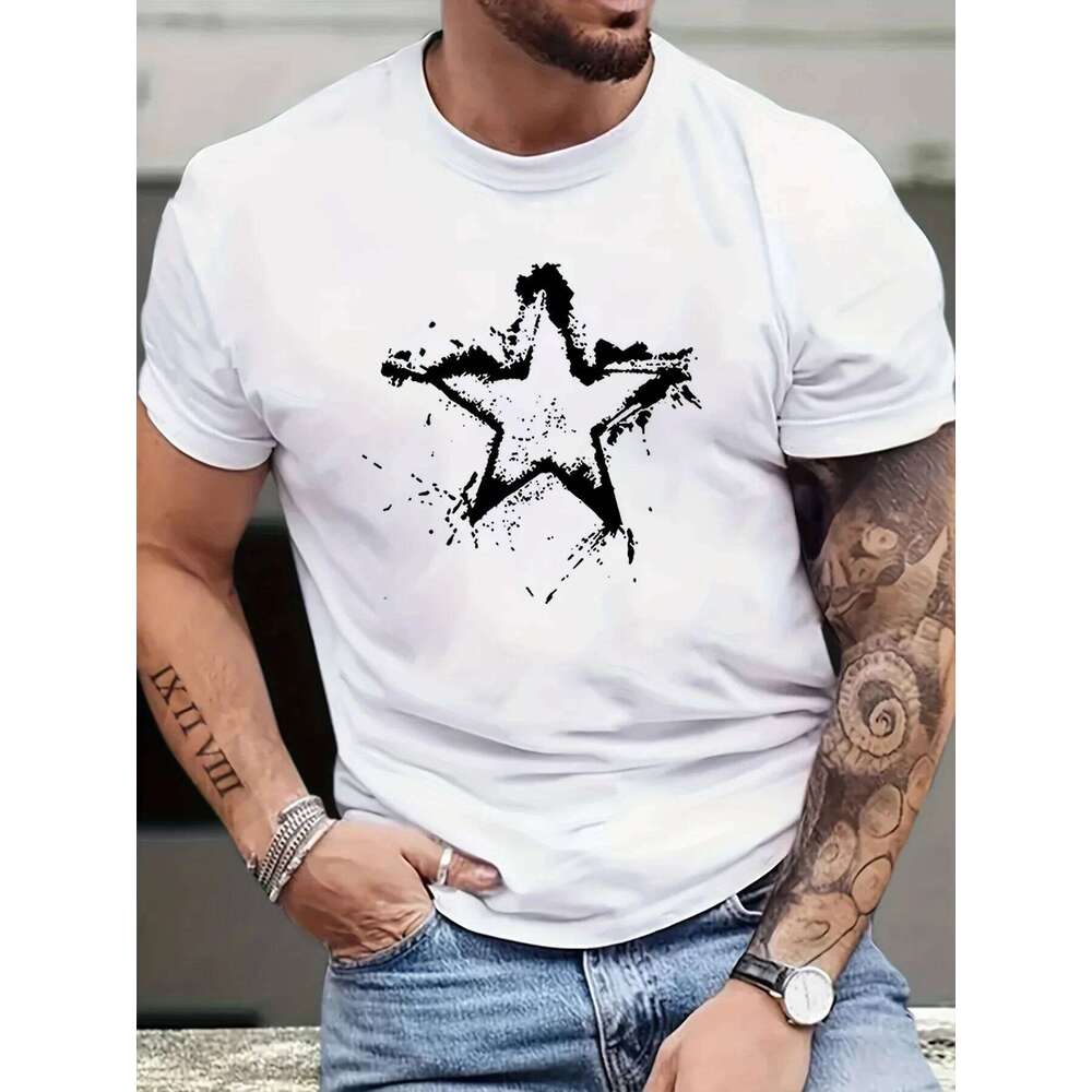 Summer men's cotton casual loose creative pentagram pattern printed comfortable round neck short sleeved T-shirt top 26H0306