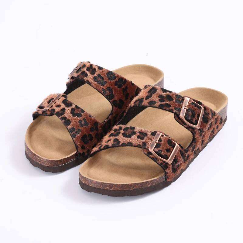 Litfun Classic Women's Sandals Casual Cork Footbed Flat Bottom Slippers Open Toe Leopard Designed Slides With Adjustable Buckle