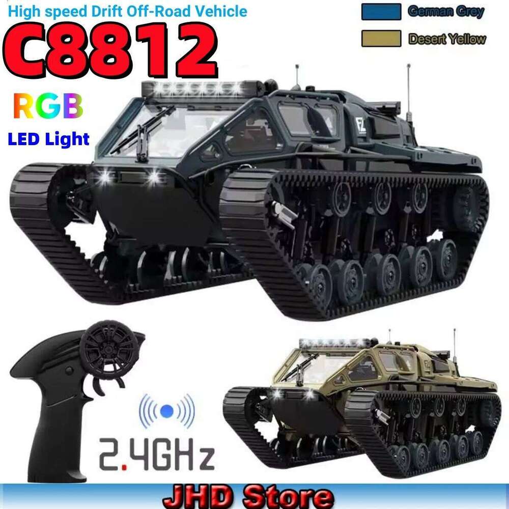 JHD For JJRC C8812 2.4G Full Scale Tracked Tank RC Car Model 360 Degree Rotation Drift Remote Control Off-Road Vehicle C260305