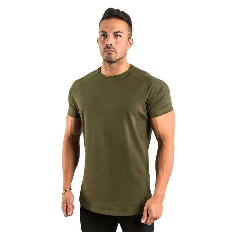 Men's European Summer Fitness Sports Solid Cotton Elasticity Active Short-sleeved T-shirt Large Size M-2XL 26H0306