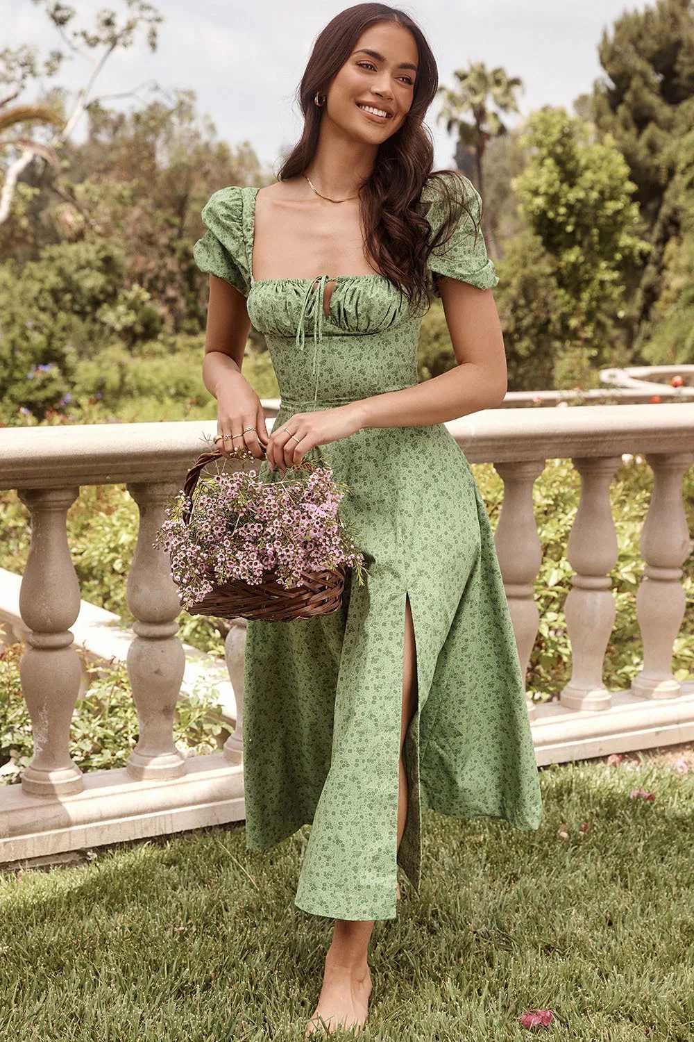 Giyu Sexy Vintage Floral Flower Print Dress Women 2023 Summer Puff Sleeve Lace Up Split Long Dresses Eelgant Holiday Party Robe X260306
