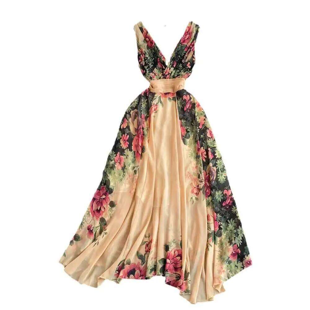 Runway Floral Print Midi Long Dress Summer Women Sleeveless Vest Tank Chiffon Dresses Ladies Mdng260306