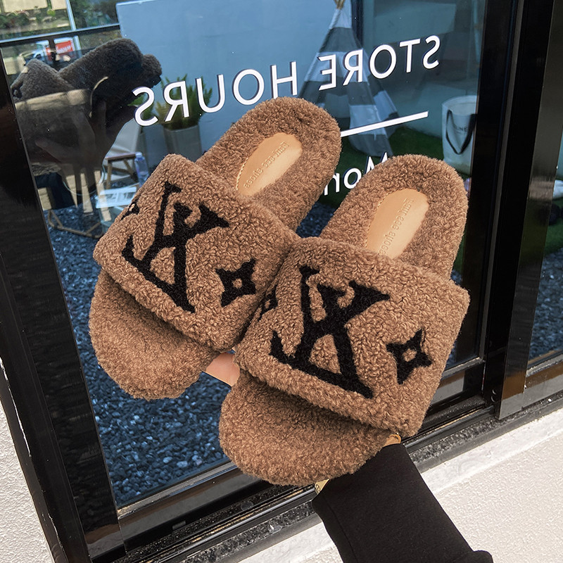 Slippers plush Cotton Shoes Embroidery Flip Flops Sandals Fashion Anti-Slip Female Slides Women Furry Fluffy Faux Fur Warm Indoor Sliders
