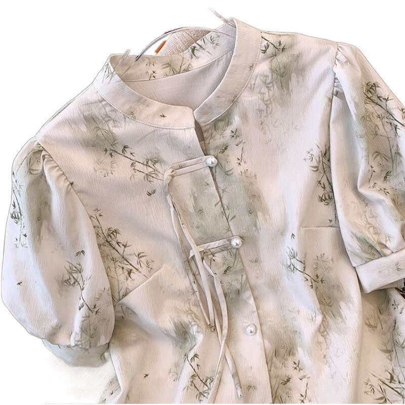 New Chinese style Green Bamboo Print Short Sleeve Shirt With Summer Cheongsam Collar And Button Design Embroidered Slim Fit Women's T-irt Summer