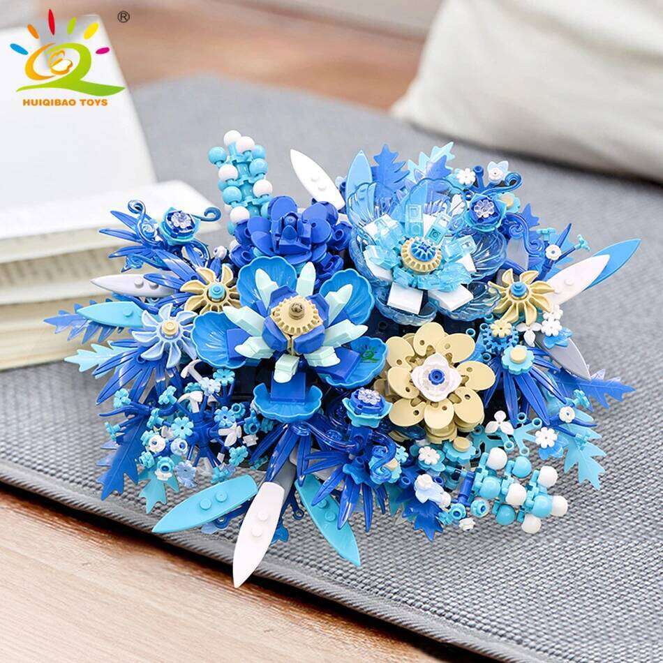 HUIQIBAO 917PCS MOC Blue Flower Model Building Blocks 3D flores Bouquet Potted Plants Bricks Kits Children DIY Toy Home Decor Z260306