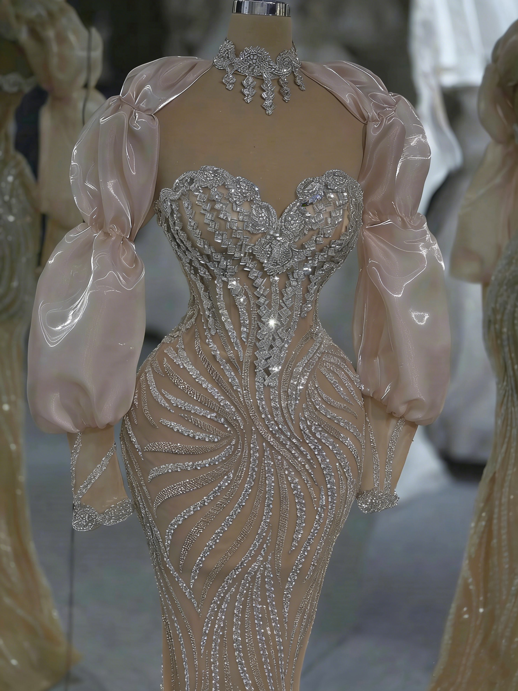 Exquisite Mermaid Evening Dresses For Women Sequins Crystal Gown Sweetheart Neck Long Sleeves Sweep Train Dress Party Custom Made