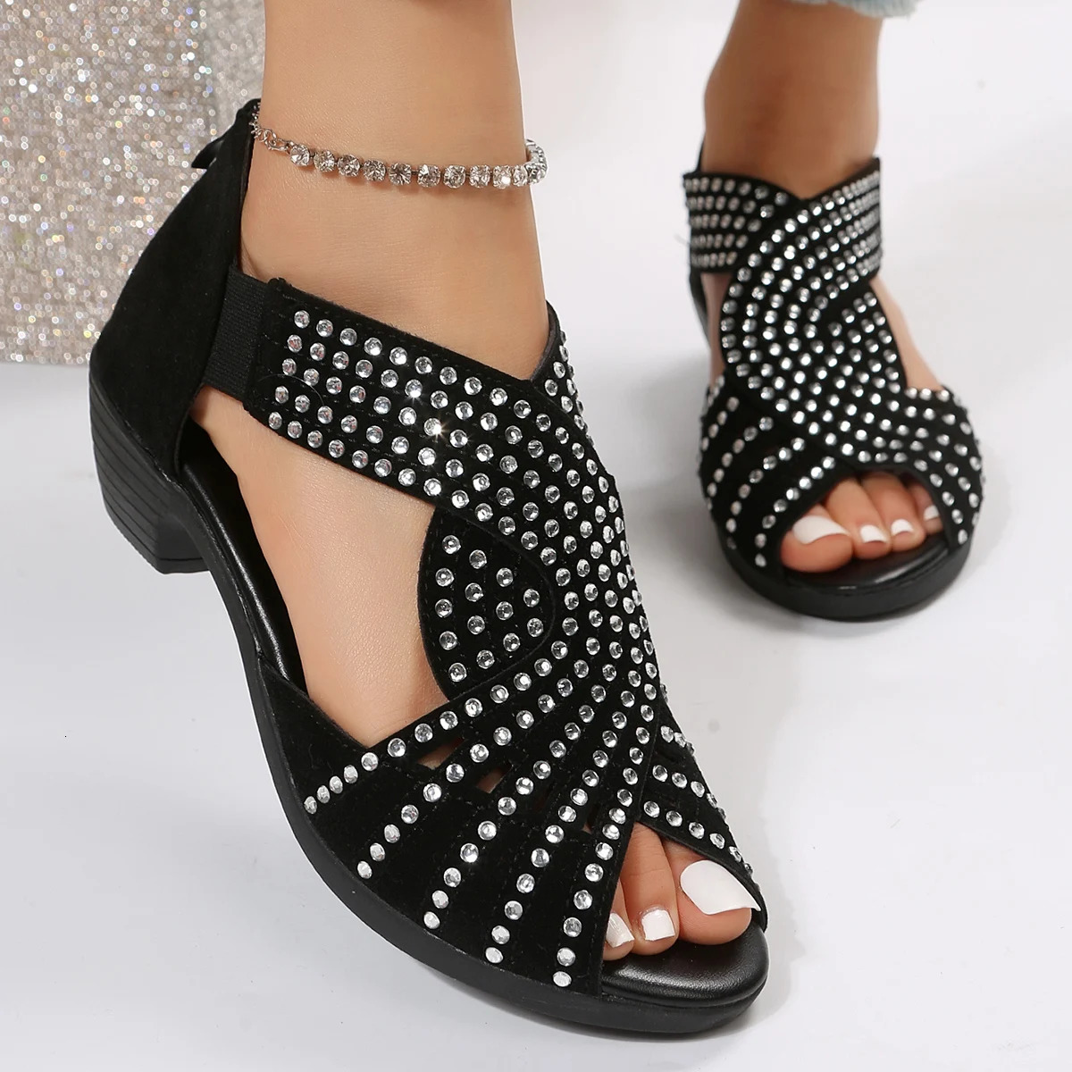 fashion comfortable dance sandals womens rhinestone zipper crystal indoor shoes womens open-toe shoes 260305