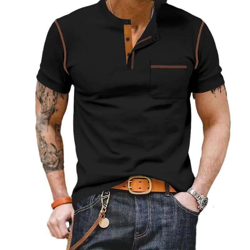 2025 European and American Cross-Border Short Sleeve Summer Foreign Trade Men's Henley Shirt Amazon Color Block T-Shirt Wholesale for Men