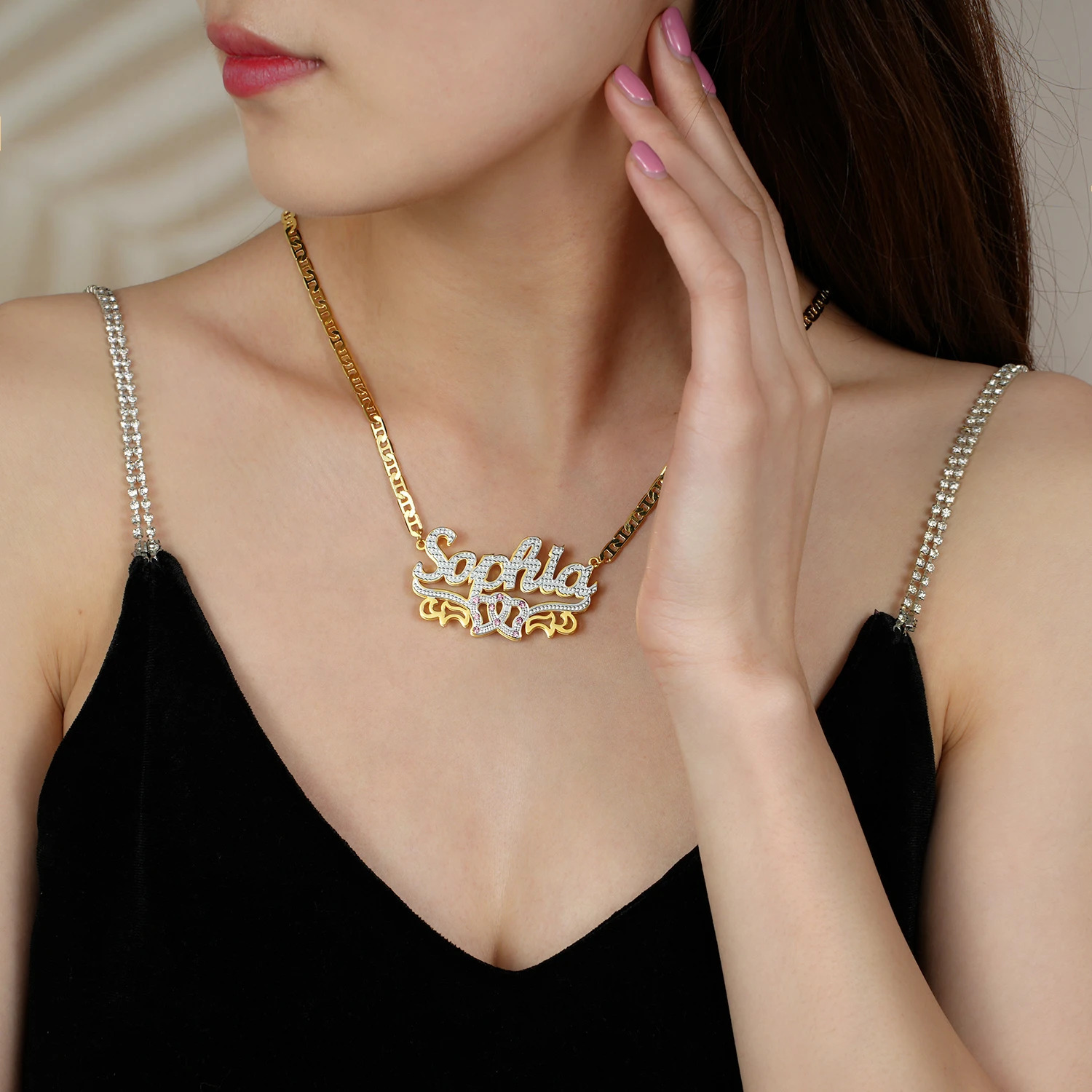 Dascusto Personalized Nameplate Name Necklace Custom 3D 18KGold Plated Double Diamond Choker Pendant Two-Tone Chain For Women 260302