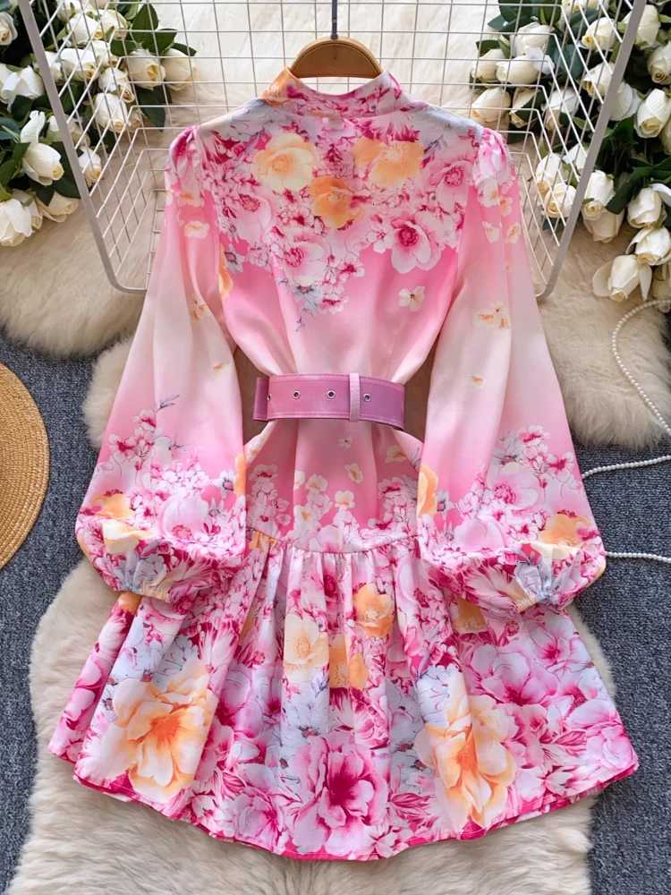 France Elegant Vintage Evening Dress Women Sashes Button Print Short Party Dress Female Casual Chic Festival Clothing New X260306