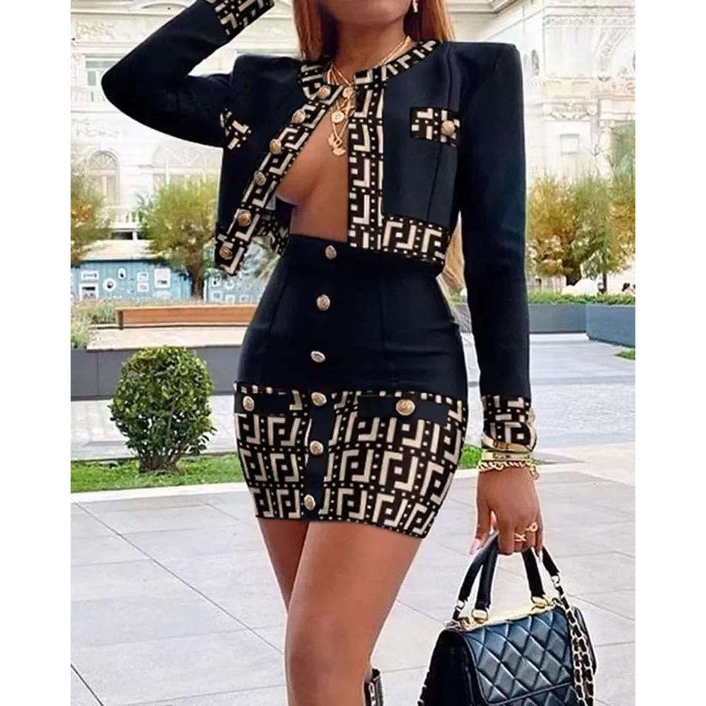 Women's Mini Skirt Set Spring Long Sleeve Button Tight Dress with Coat High Street Style