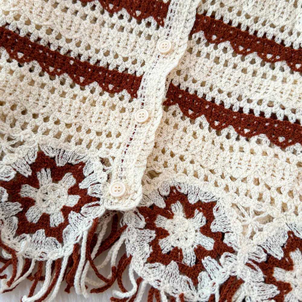 Embroidery Floral Crochet Knit Top with Tassel Long Sleeve Button-down Open-knit Cardigan Sweater Women Teen-girl Cute Outfit M260306